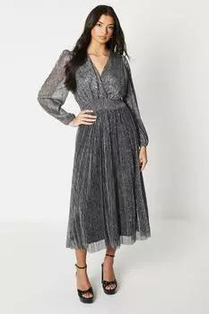 Платье миди с блестками и плиссированной запахом Oasis, серебро