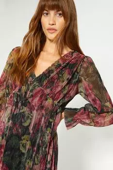 Платье миди с блестящим плиссе и цветочным узором с V-образным вырезом Oasis, черный