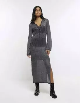 Платье миди с блестящим серебристым воротником-поло River Island