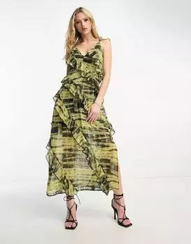 Платье миди с бретельками ASOS из ткани добби с асимметричными рюшами и принтом тай-дай
