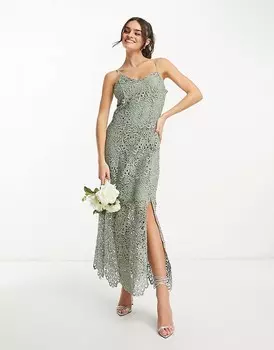 Платье миди с бретелями и вышивкой YAS Bridesmaid шалфейного цвета - LGREEN