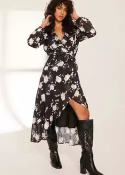 Платье миди с цветочной оборкой и запахом Quiz, черный