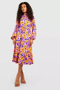 Платье миди с цветочным платьем Boohoo, фиолетовый