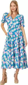 Платье миди с цветочным принтом и пышными рукавами English Factory, синий