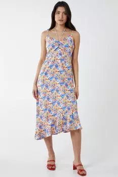 Платье миди с цветочным принтом и закрученной передней частью Blue Vanilla, синий