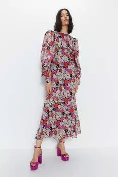 Платье миди с цветочным принтом и пышными рукавами Warehouse, черный