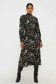 Платье миди с цветочным принтом и присборенной талией, длинными рукавами Dorothy Perkins, черный