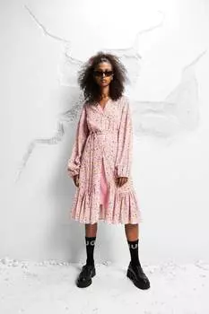 Платье миди с цветочным принтом и поясом Hugo, розовый