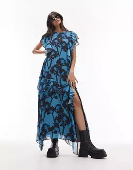Платье миди с цветочным принтом и оборками Topshop