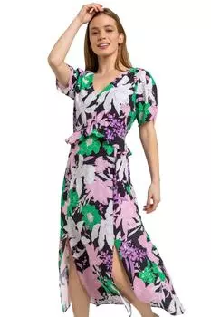 Платье миди с цветочным принтом и оборкой на талии Petite Roman, зеленый