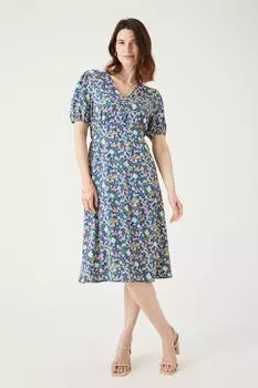 Платье миди с цветочным принтом и пышными рукавами Debenhams, синий