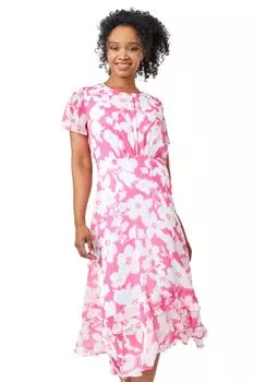 Платье миди с цветочным принтом и оборкой на подоле Petite Roman, розовый