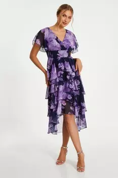 Платье миди с цветочным принтом и глубоким подолом, миниатюрное, с ярусами QUIZ Clothing