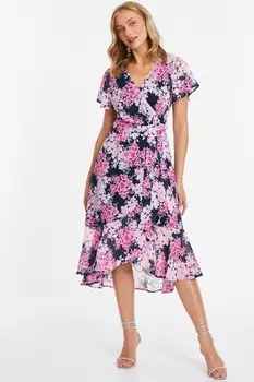 Платье миди с цветочным принтом и глубоким подолом темно-синего цвета QUIZ Clothing