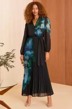 Платье миди с цветочным принтом и складками Love & Roses, черный