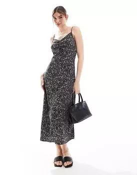 Платье миди с цветочным принтом и сборками черного и сиреневого цвета Wednesday's Girl