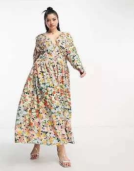 Платье миди с цветочным принтом и пуговицами из вискозы ASOS DESIGN Curve