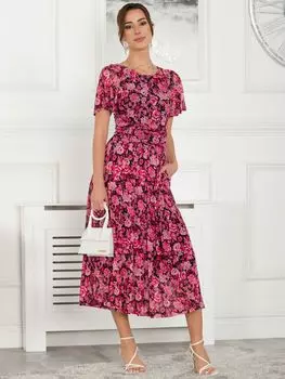 Платье миди с цветочным принтом Jolie Moi Giana, темно-синий/розовый