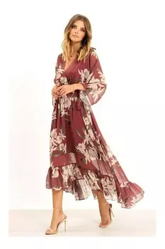 Платье миди с цветочным принтом, рукавами кимоно и опущенным подолом Yumi, розовый