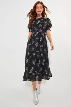 Платье миди с цветочным принтом, рукавами фонариками и топом Joe Browns, черный