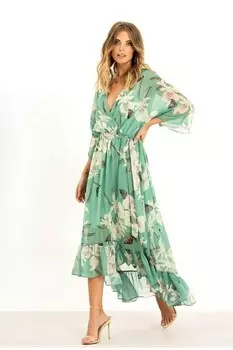 Платье миди с цветочным принтом, рукавами кимоно и опущенным подолом Yumi, зеленый