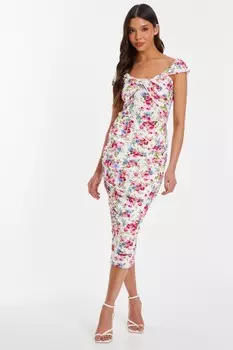 Платье-миди с цветочным принтом в кремовом цвете QUIZ Clothing