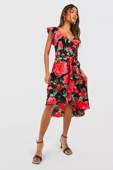 Платье миди с цветочным запахом Boohoo, красный