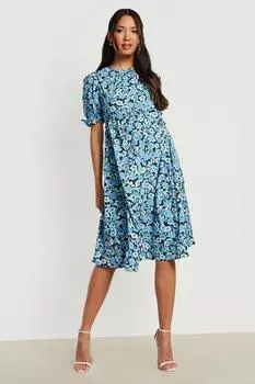 Платье миди с цветочными рукавами Boohoo, синий