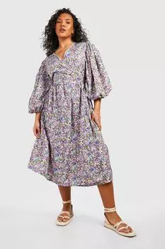 Платье миди с цветочными рукавами и запахом Boohoo, фиолетовый