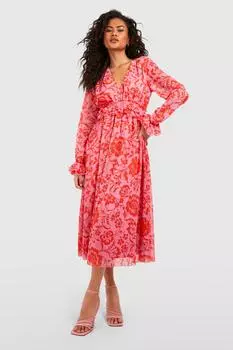 Платье миди с цветочными рюшами Boohoo, розовый
