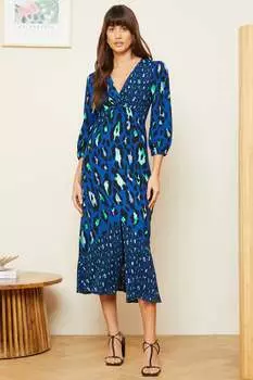 Платье миди с декоративным закрученным V-образным вырезом и разрезом спереди Love & Roses, синий