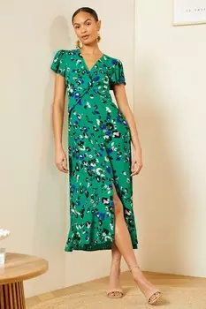 Платье миди с декоративным закрученным V-образным вырезом и разрезом спереди Love & Roses, зеленый