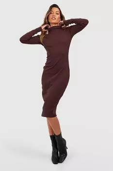 Платье миди с длинным рукавом и завершенным вырезом Boohoo, шоколадный