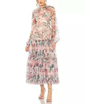 Платье миди с длинным рукавом Mac Duggal, высоким воротником и длинными рукавами-фонариками, мультиколор