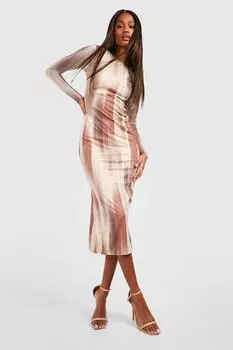 Платье миди с длинными рукавами абстрактная сетка Boohoo, серый