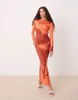 Платье миди с длинными рукавами ASOS DESIGN angel с оранжево-красным цветочным принтом