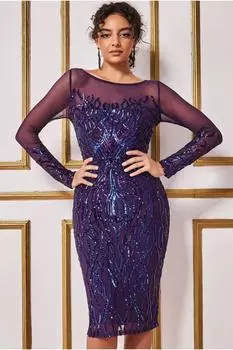 Платье миди с длинными рукавами и пайетками Goddiva, фиолетовый