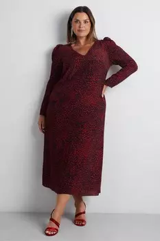 Платье миди с длинными рукавами и леопардовым принтом Live Unlimited, красный