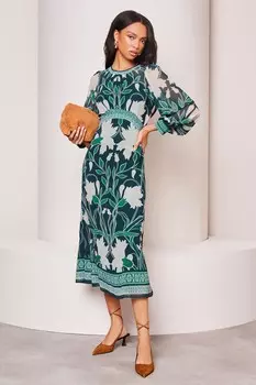 Платье миди с длинными рукавами и принтом Lipsy, зеленый