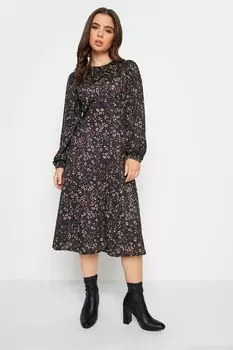 Платье миди с длинными рукавами и мелким узором Pixiegirl Petite, черный