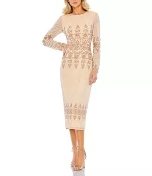 Платье миди с длинными рукавами и пайетками Mac Duggal, бежевый