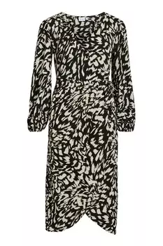 Платье миди с длинными рукавами и V образным вырезом с принтом Vila, черный