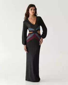 Платье миди с длинными рукавами и детали вырезов на талии Noon, серый