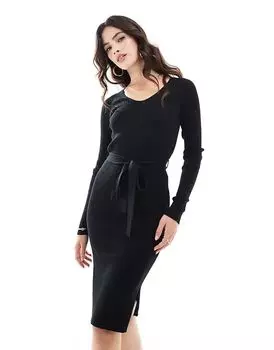 Платье миди с длинными рукавами и поясом черного цвета Vero Moda