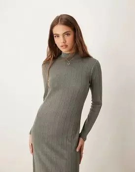 Платье-миди с длинными рукавами и воротником-стойкой в рубчик серого цвета JDY