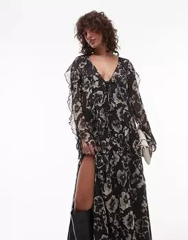 Платье миди с длинными рукавами и оборками в монохромном цветочном стиле Topshop