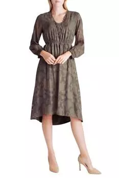 Платье миди с длинными рукавами и выгоревшим эффектом, присборенное, коричневого цвета Kensie