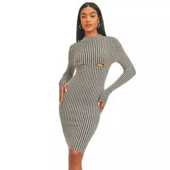 Платье миди с длинными рукавами и полосатым принтом FASHNZFAB, черно-белый