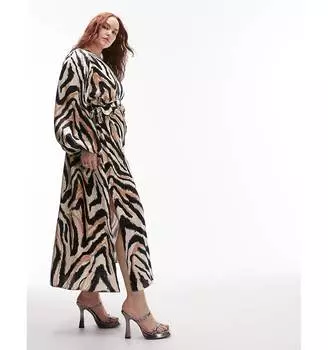 Платье миди с длинными рукавами и анималистичным принтом Topshop Curve