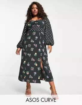 Платье миди с длинными рукавами и цветочным принтом ASOS DESIGN Curve
